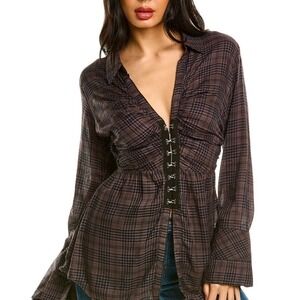 WE THE FREE Plaid Corset Shirt Button Front Long Sleeve Brown Womens Size Small